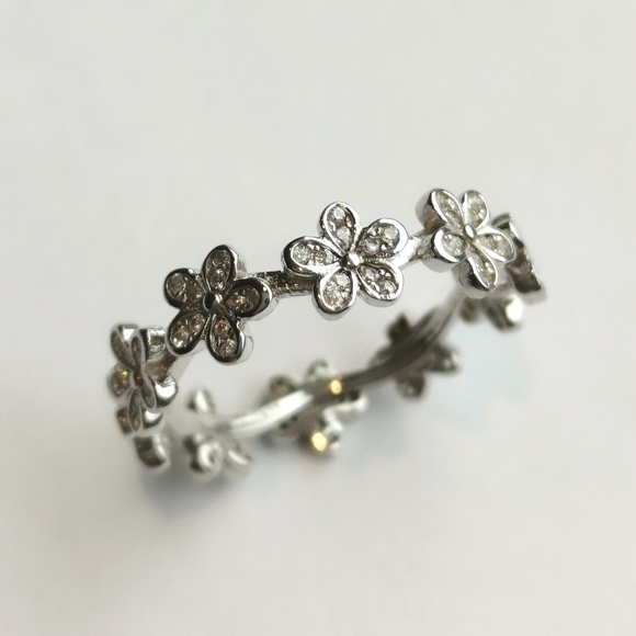Forget me Not flower eternity band ring Sterling Silver CZ size 7 - Picture 2 of 4